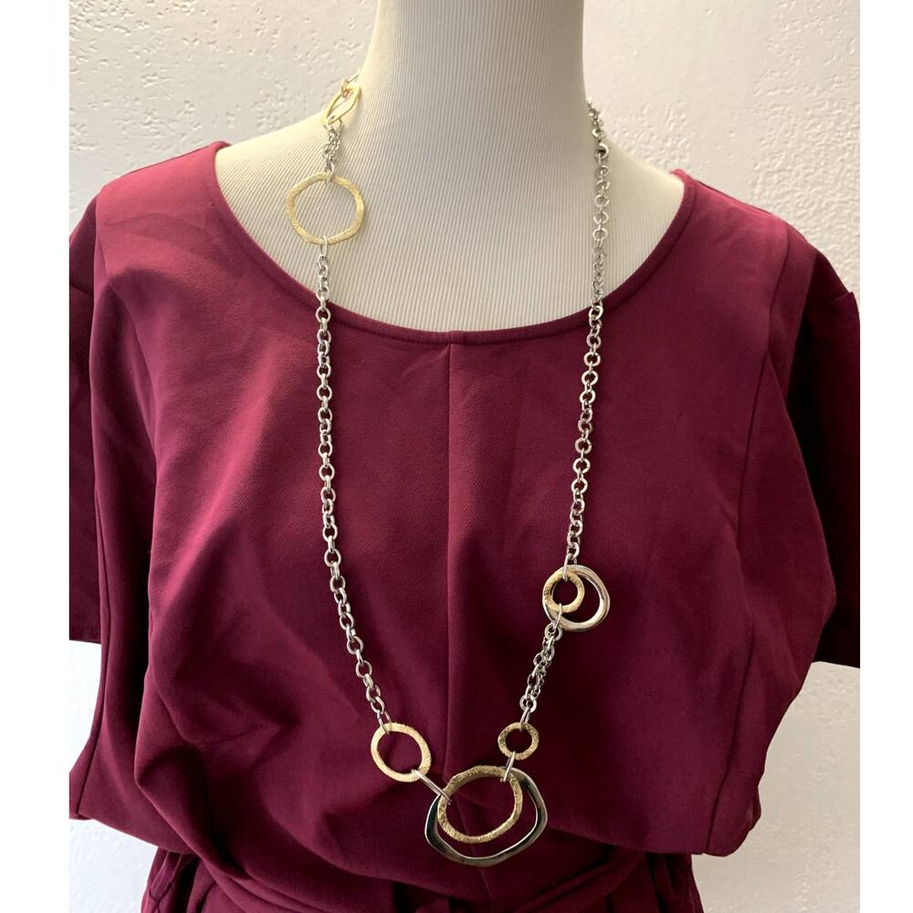 Vintage Designer Circle Long Chain Silver & Gold Two Tone Necklace